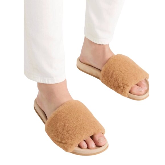 Jenni Kayne Shearling Slide Sandals Womens 39 9 Tan Brown Suede Open Toe Mules - Picture 3 of 13